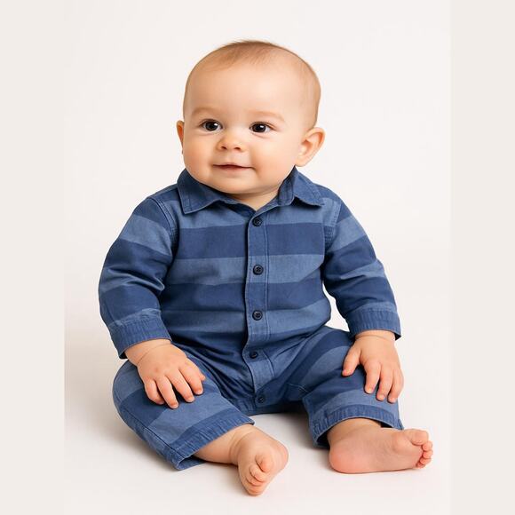 Gap‎ Boys Romper Size 6-12 Months Navy Blue Striped Longall Coverall - Picture 1 of 7
